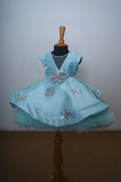 Sky Blue Shimmer Satin With Foils Baby Dress