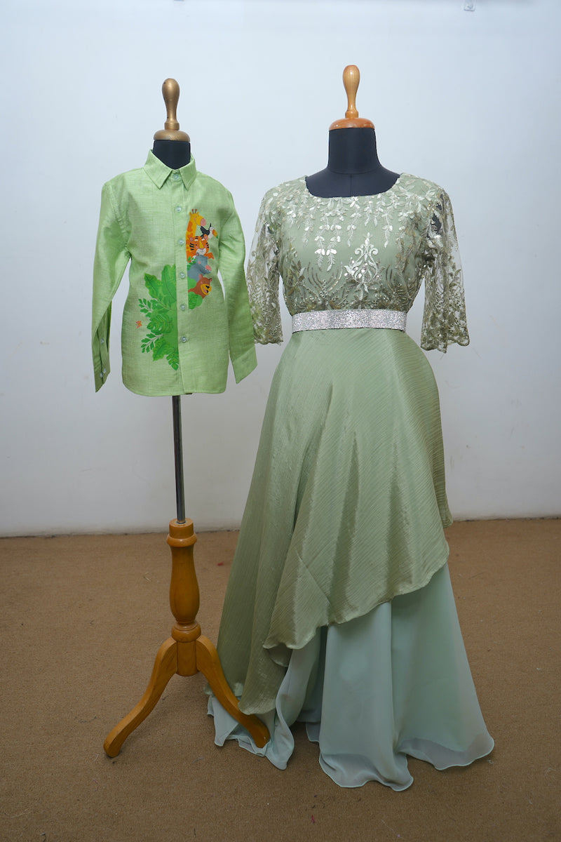 Forest Theme Pale Green Fancy Net With Grass Green Raw Silk Shirt Mom Son Combo