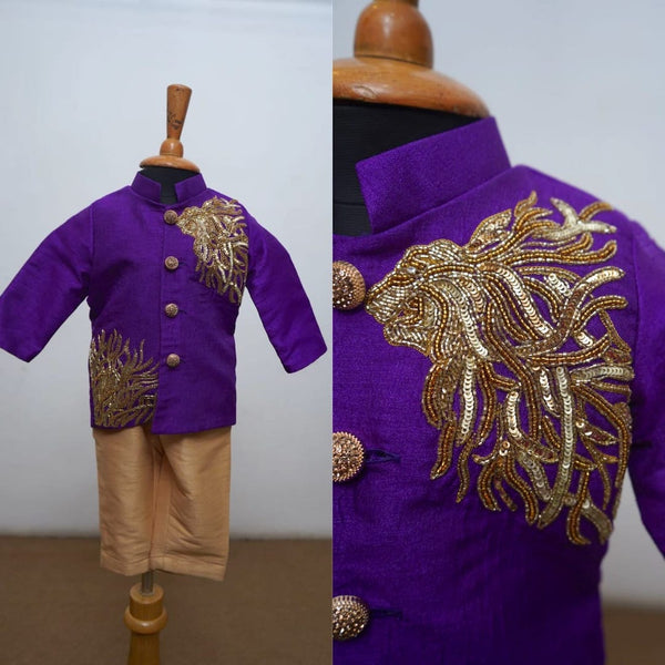 Violet Jodhpuri Kurta With Golden Emphasis For Kid