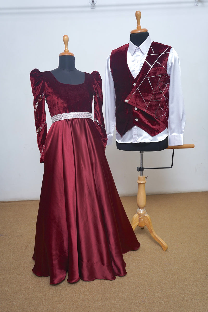 Red Wine Couple Clothing With Silver Foil And Embroidery