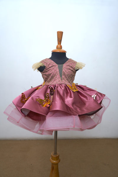 Plum Satin With Gold Net Baby Ball Gown