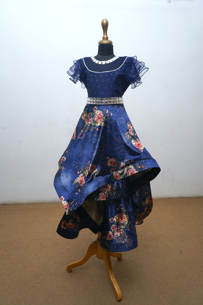 Navy Blue Printed Velvet Kid Dress