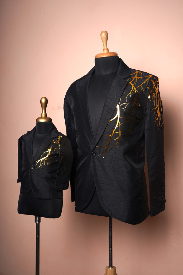 Black Raw Silk With Golden Metallic Emphasis Dad-Son Combo