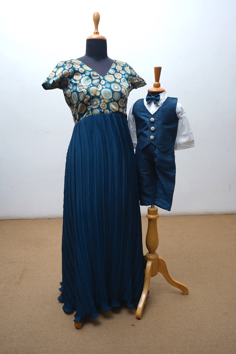 Peacock Blue Printed Tussar With Pleated Chinnon And Raw Silk Mom Son Combo
