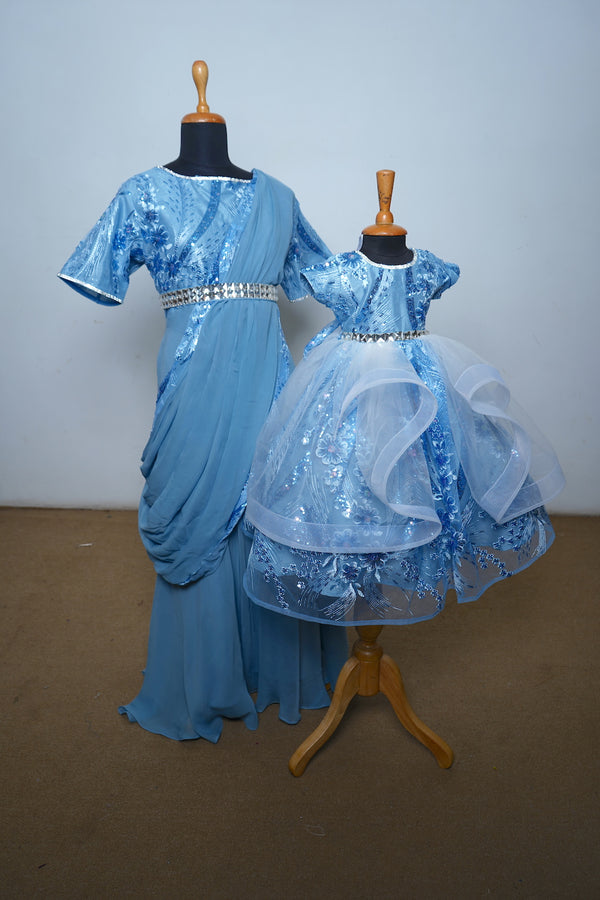 Sea Blue Fancy Net With Georgette Indo Western Saree And Ball Gown Mom Daughter Combo
