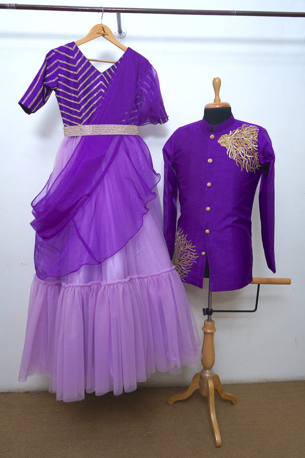 Violet Jodhpuri Set With Lavender Net Couple Clothing