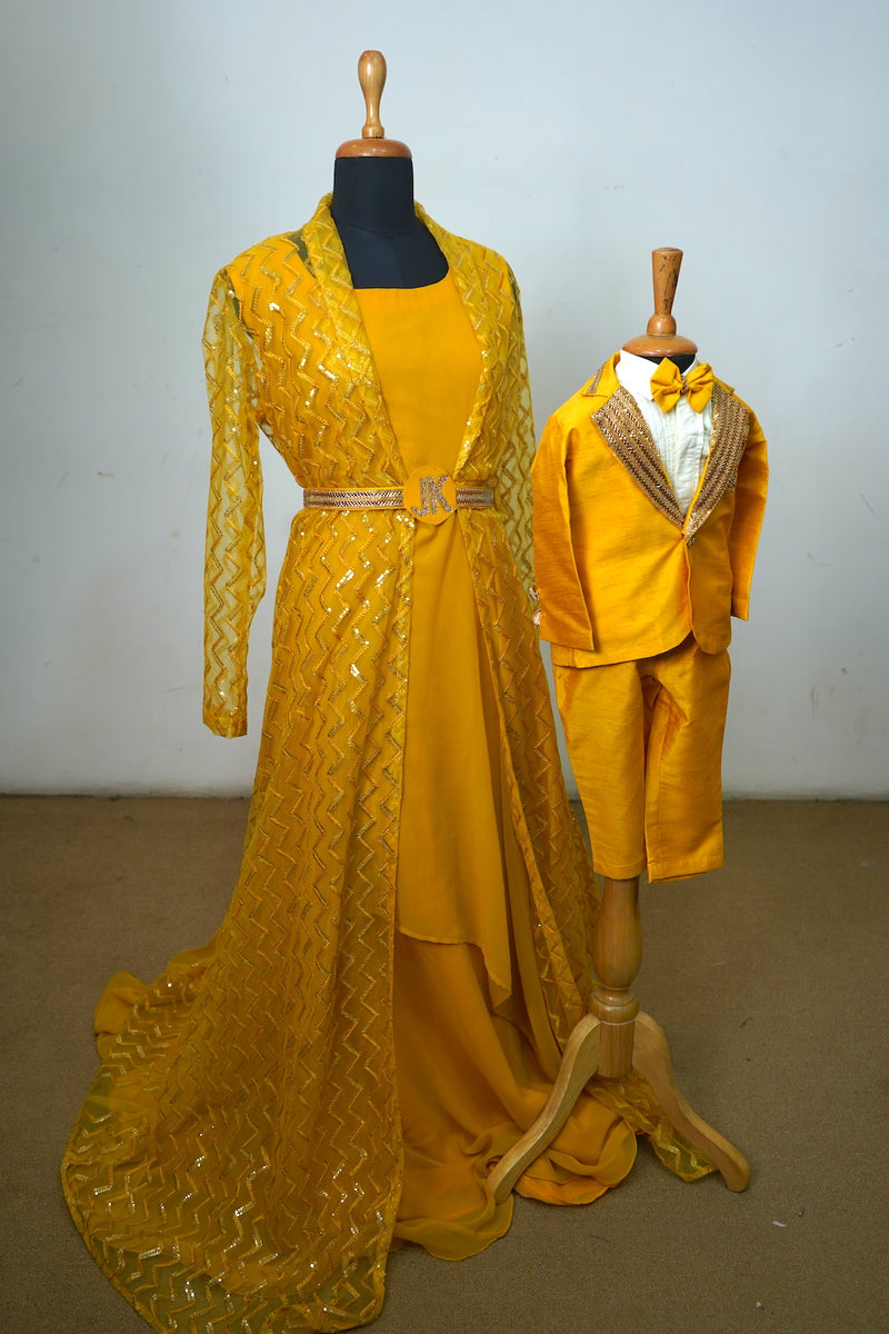 Yellow Fancy Sequin With Raw Silk Mom Son Combo