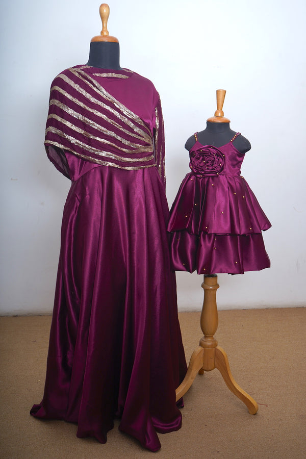 Plum Double Layer Gown With Indo Western Mom Daughter Combo
