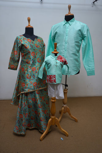 Aqua Green Kid Set With Dad Shirt And Tussar Mom Combo