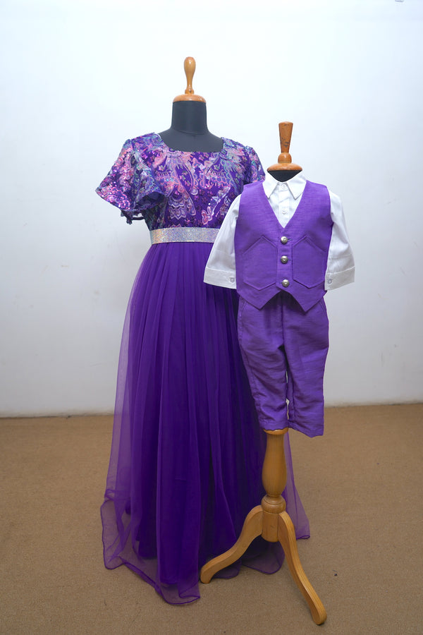 Violet Embroidered Net With Raw Silk Mom Son Combo