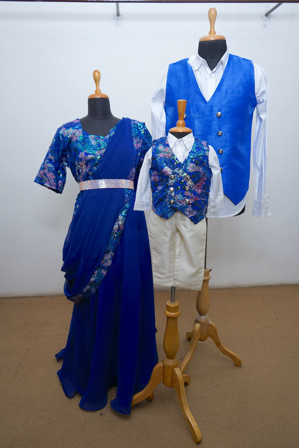 Royal Blue Fancy Net With Raw Silk Family Combo