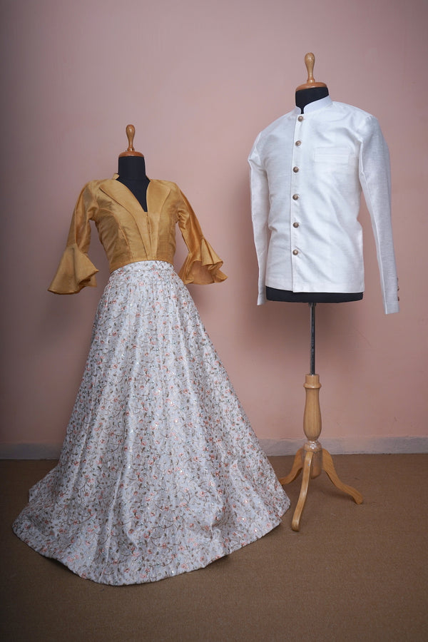 White Brocade With Golden Raw Silk And White Raw Silk Couple Clothing