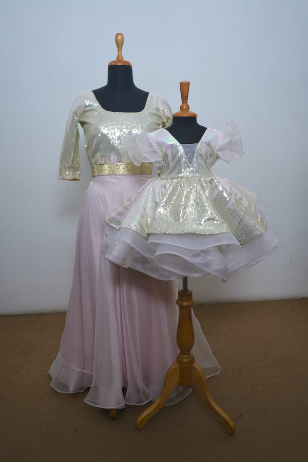 Baby Pink Satin With Organza And Sequin Layered Mom Daughter Combo