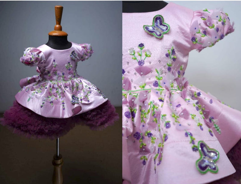 Baby Pink Ball Gown With Floral Emphasis And Purple Frills