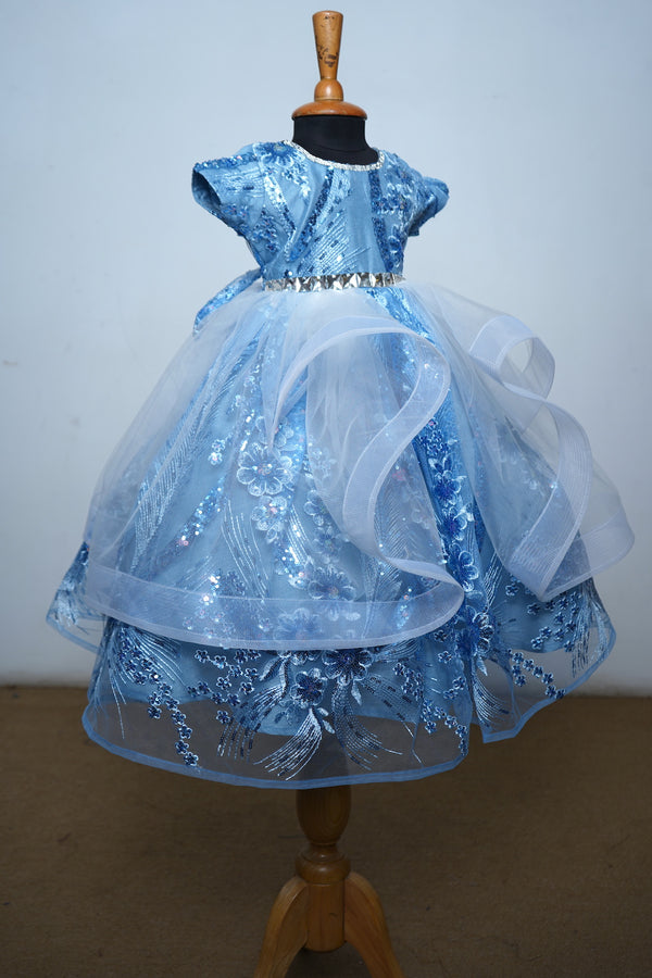 Sea Blue Fancy Net With Flowy Tail Baby Dress