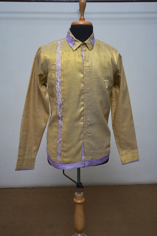 Traditional Golden Zari Shirt With Purple Aari