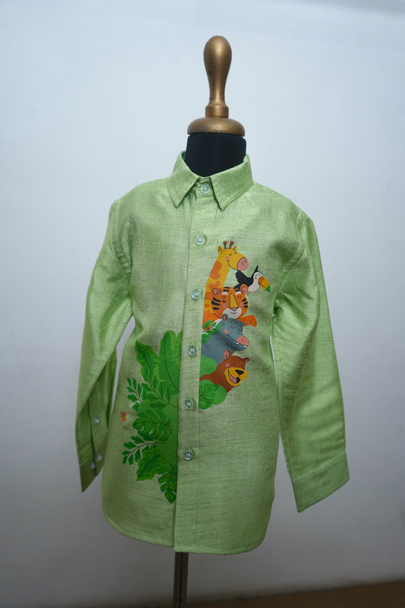 Forest Theme Grass Green Raw Silk Kid Shirt