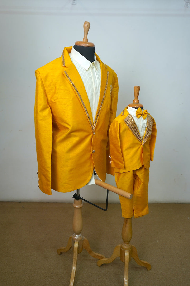 Yellow Raw Silk With Gold Collar Emphasis Dad Son Combo