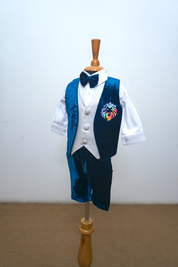 Peacock Blue Kid Waist Coat Set With chest Print