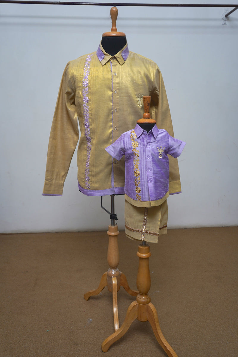 Traditional Golden zari With Purple Raw Silk Dad Son Combo