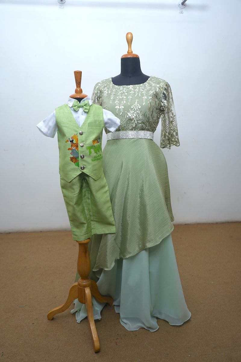Forest Theme Pale Green Fancy Net With Grass Green Raw Silk Waist Coat Set Mom Son Combo