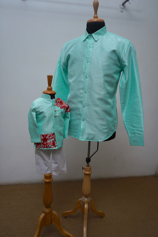 Aqua Green Shirt And Kid Dress With Candy Satin Embroidery