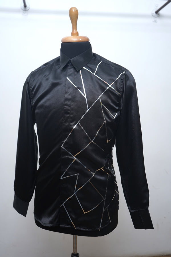 Black Satin Shirt With Silver Foil Strips