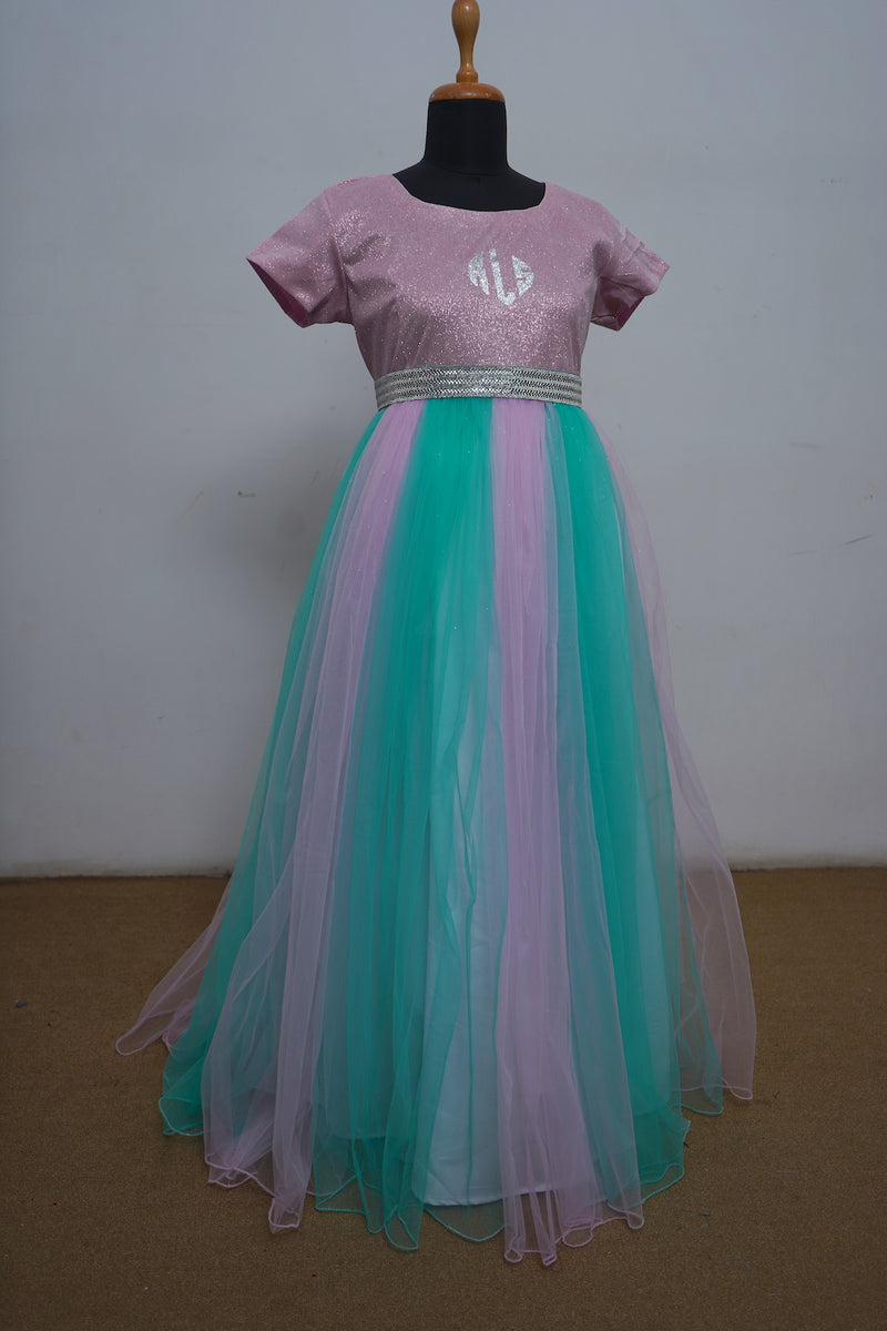 Teel Blue ,Pink Sequenced Yoke Reception Dress