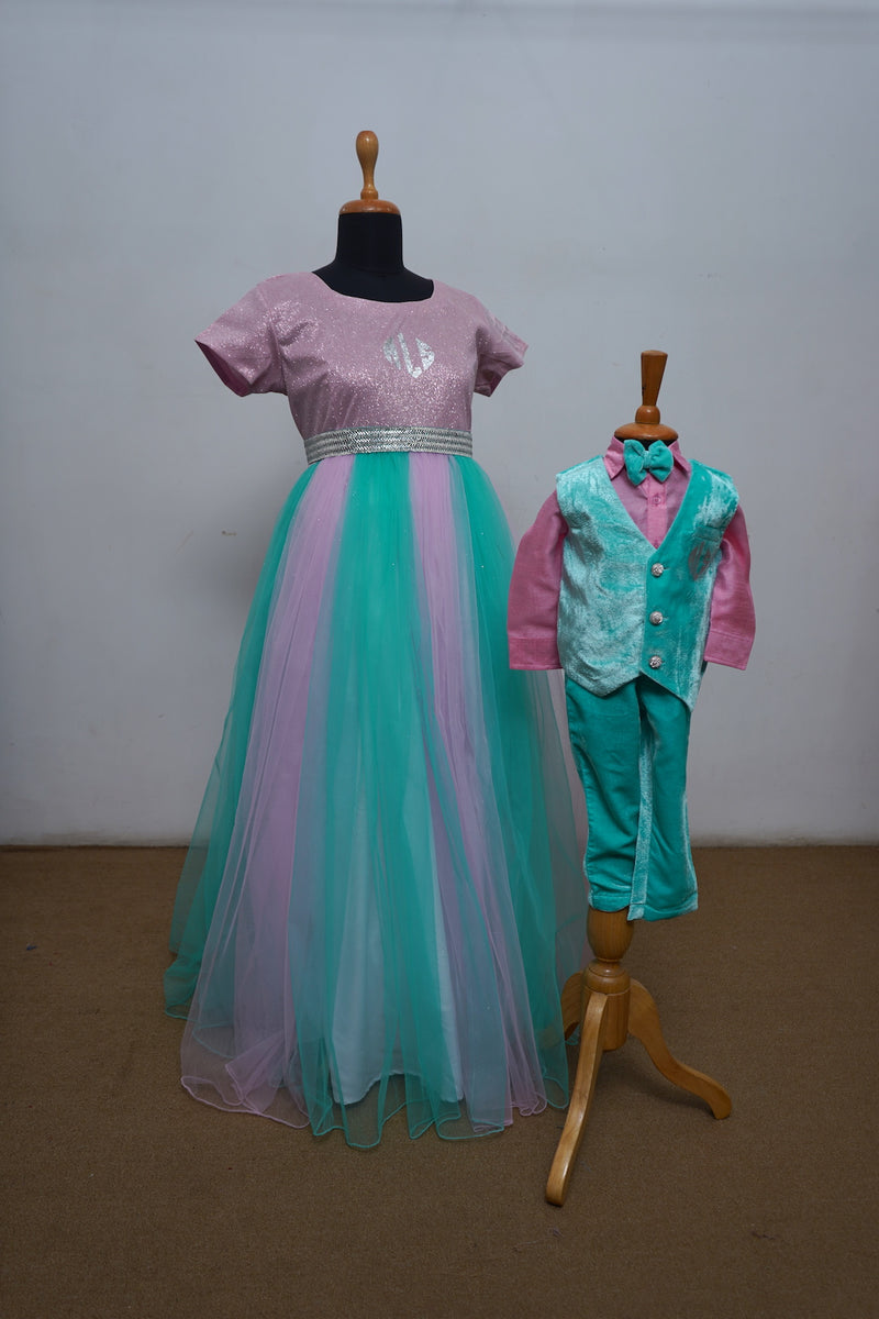 Teel Blue ,Pink Sequenced Dress and Waist Coat Set Mom Son Combo