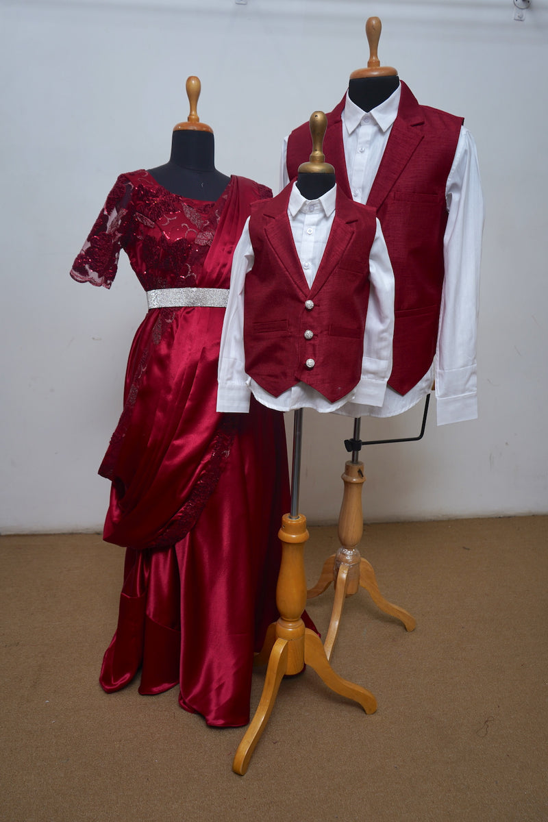 Red Wine Saree Gown With Satin ,Fancy Net And Waist Coat With Raw Silk Family Combo