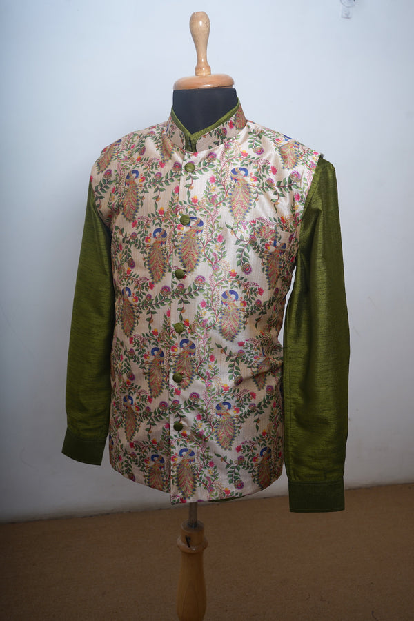 Half White Printed Tussar With Olive Green Raw Silk Men Kurta