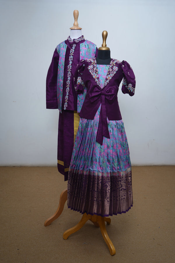 Violet Raw Silk With Kalamkari  Traditional Sibling Combo