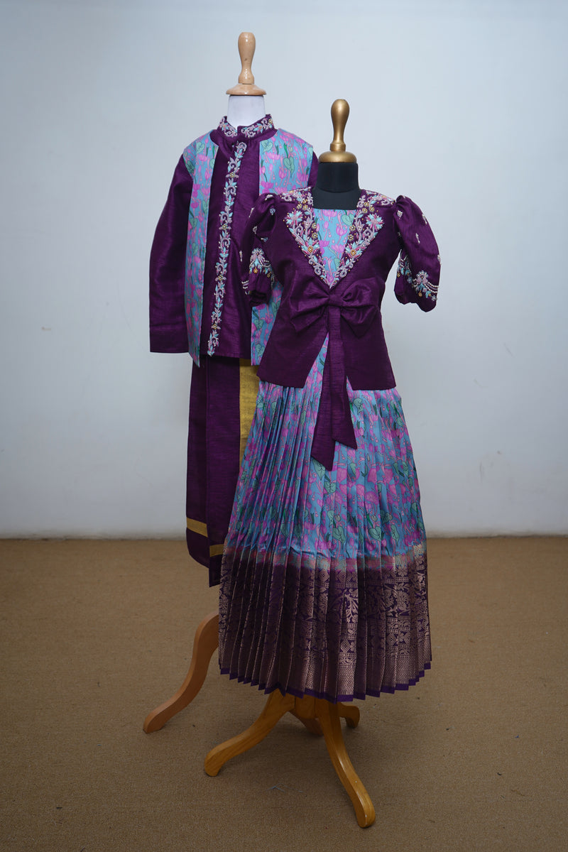 Violet Raw Silk With Kalamkari  Traditional Sibling Combo