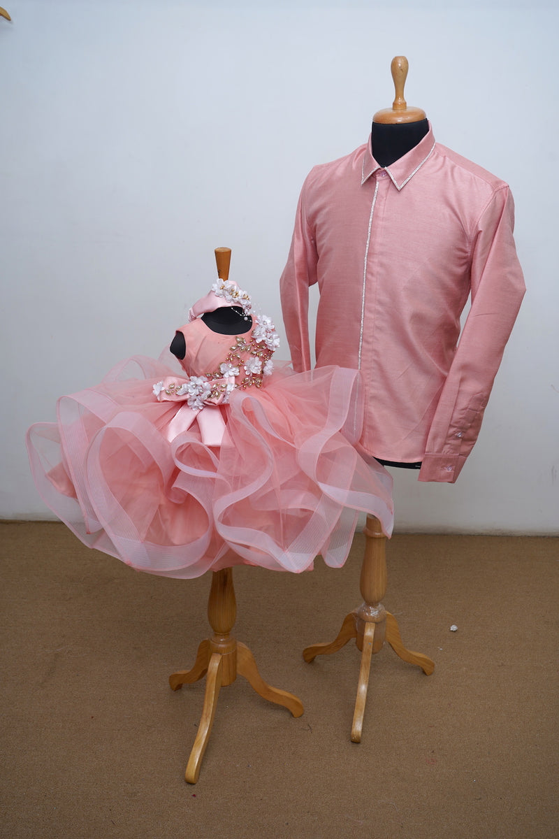 Pinkish Raw Silk With Soft Net Emphasised Dad Daughter Combo