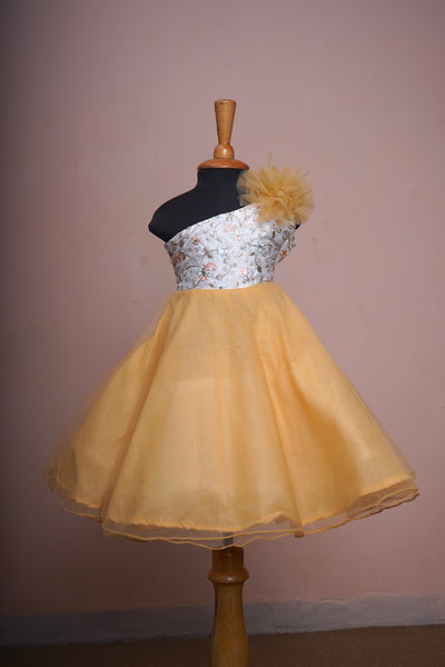 White Brocade With Golden Satin And Net Baby Gown