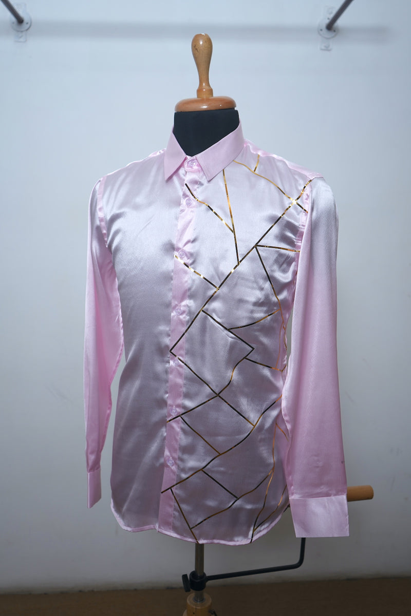 Baby Pink Satin Shirt With Gold Foil Strip