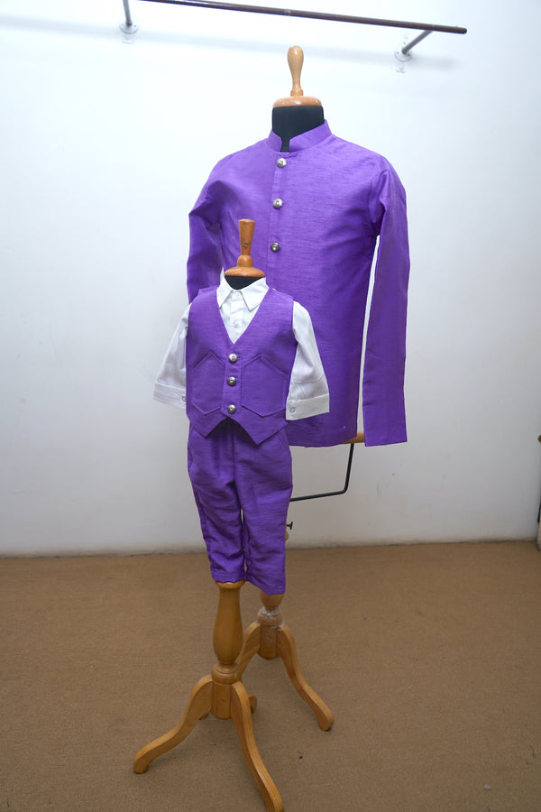 Violet Raw Silk Waist Coat With Shirt Set For Dad And Son Combo