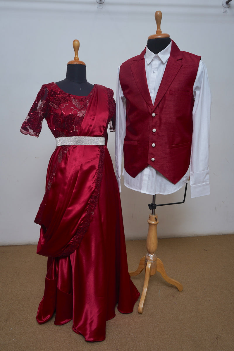 Red Wine Saree Gown And Waist Coat With Satin ,Fancy Net, And Raw Silk Couple Clothing