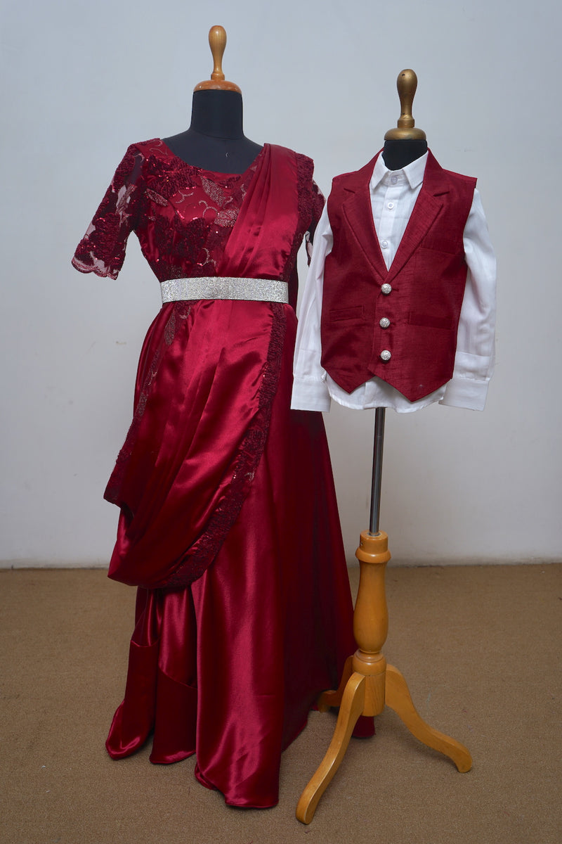 Red Wine Saree Gown With Satin ,Fancy Net And Waist Coat With Raw Silk Mom Son Combo