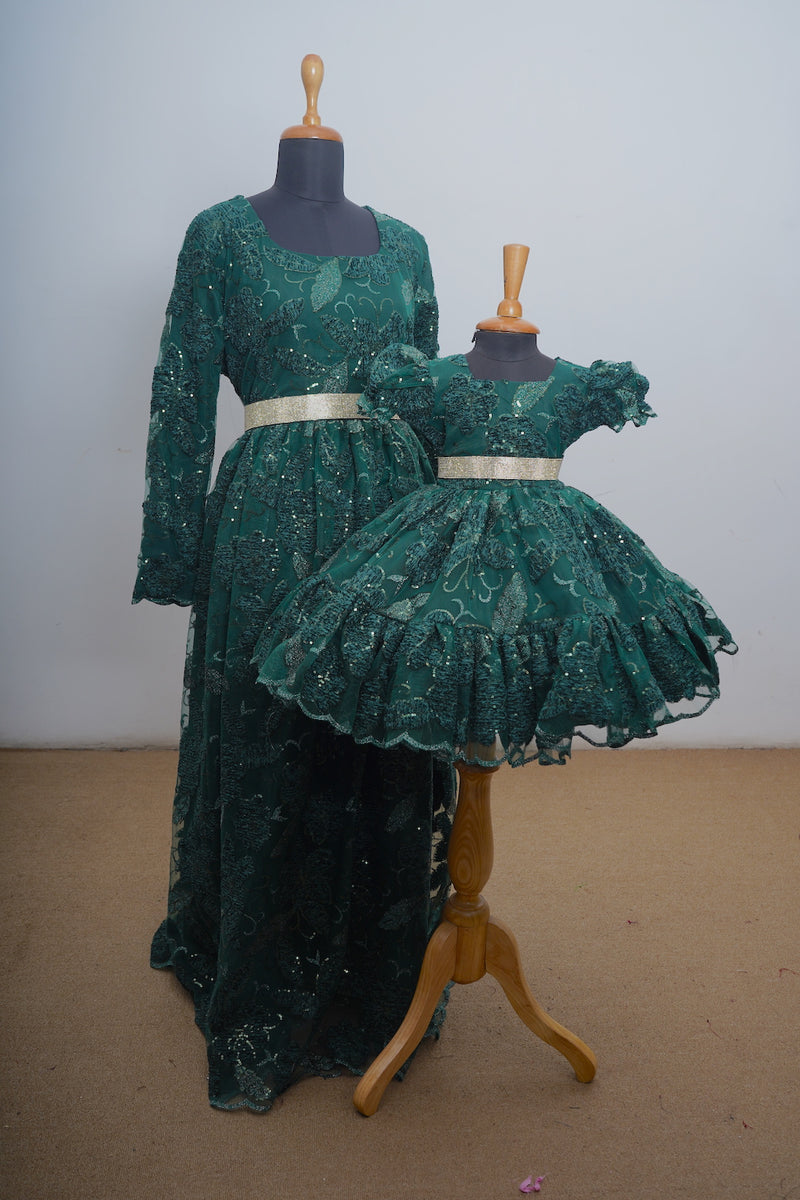 Dark Green Fancy Net With Gold Belt Mom Daughter Combo Dress