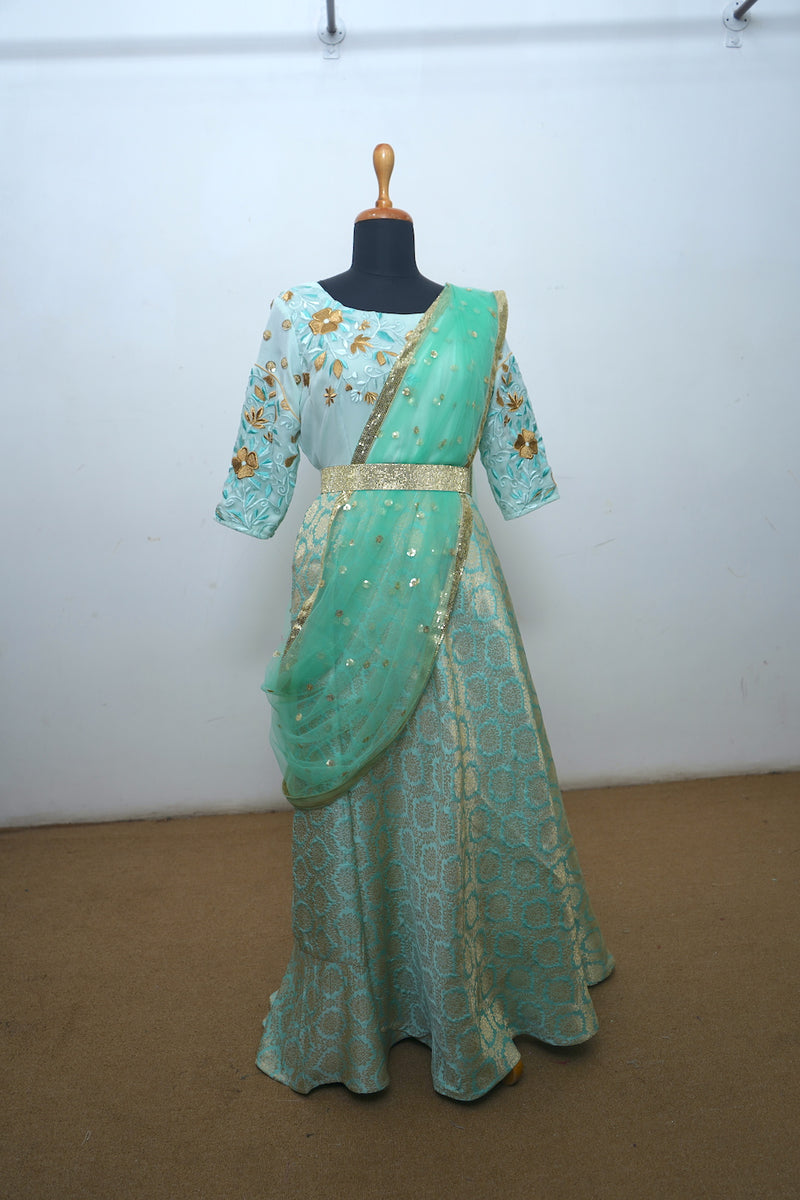 Mint Green Emphasised Raw Silk With Brocade Mom Dress