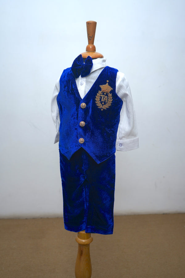 Royal Blue Velvet With Chest Embroidery Kid Waist Coat Set Dad Son Combo