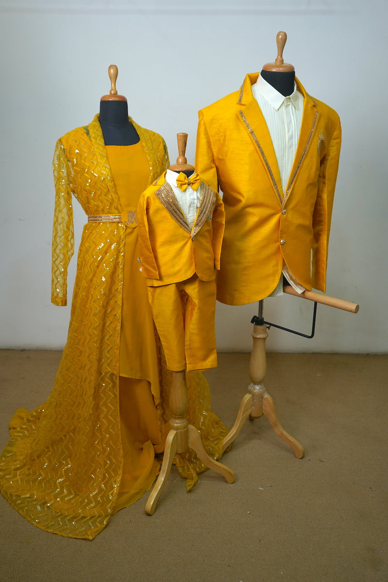 Mustard Gold Family Party Outfit Dad, Mom & Son Matching Set Anveshana Clothing Mustard Gold Family Party Outfit Dad, Mom & Son Matching Set Anveshana Clothing