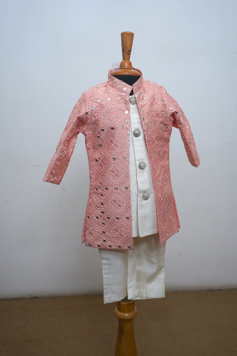 Peach Mirror Work With White Raw Silk Kid Kurta Set