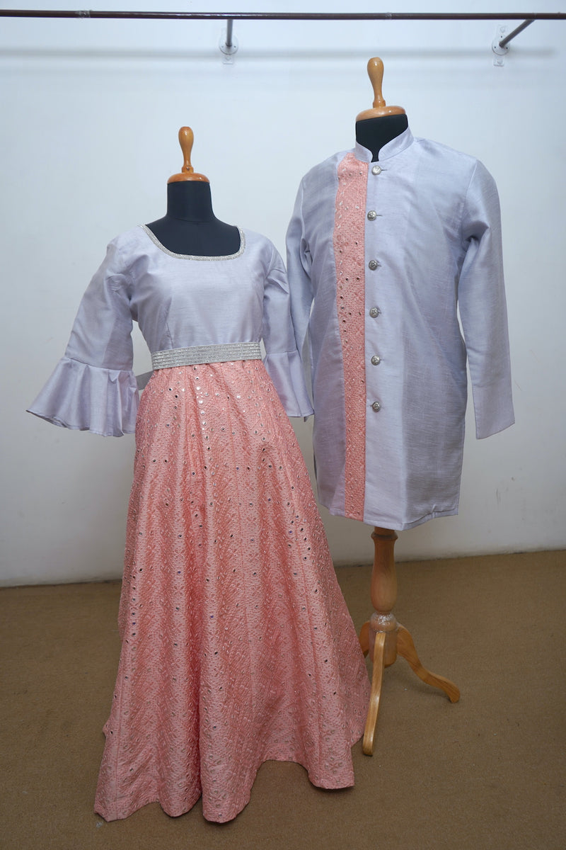 Peach Mirror Work With White Raw Silk Couple Clothing