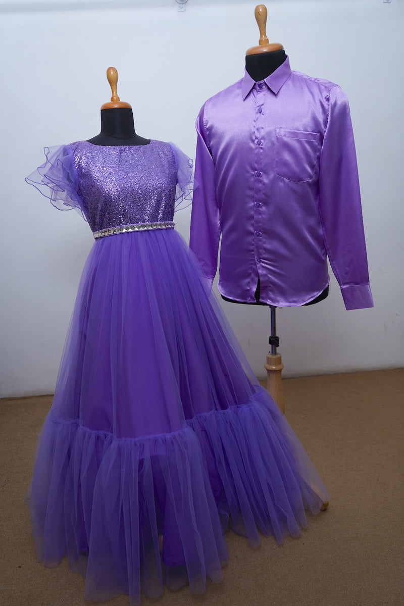Lavender Satin Shirt And Pleated Gown With Sequence And Net Couple Clothing
