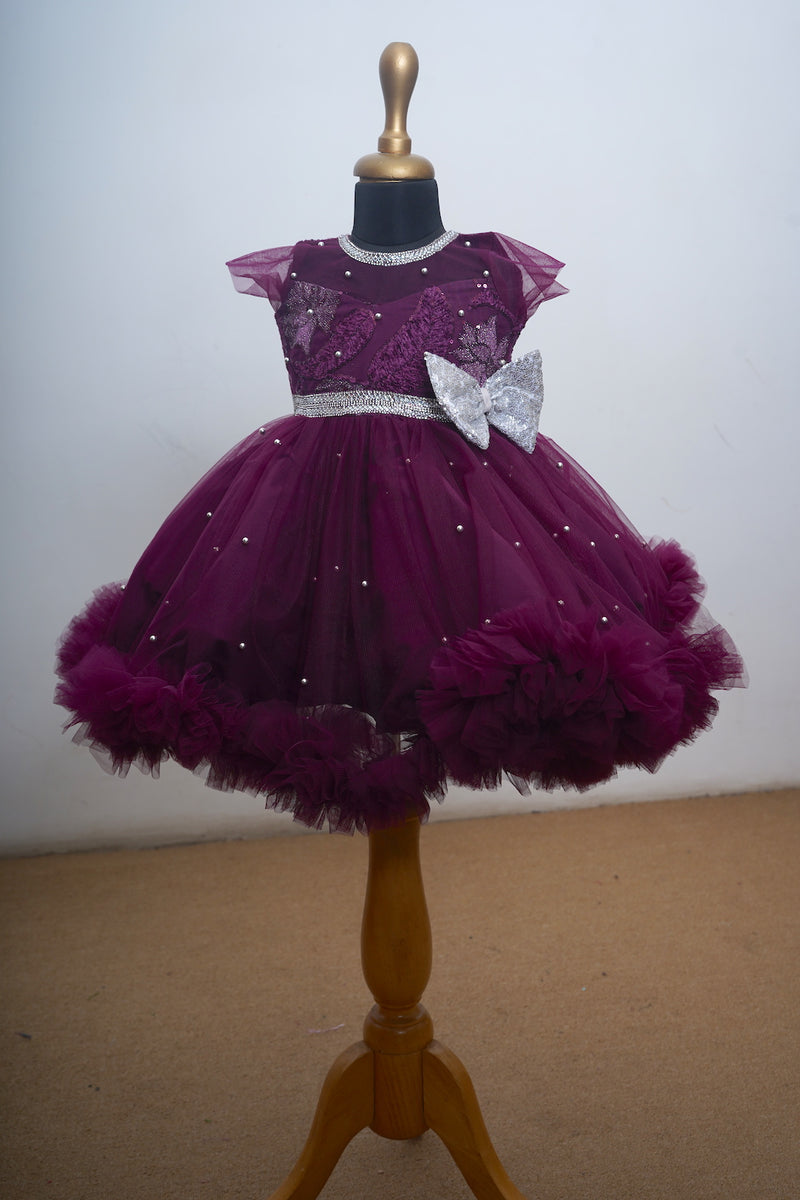 Plum Net With Silver Pearls Baby Dress