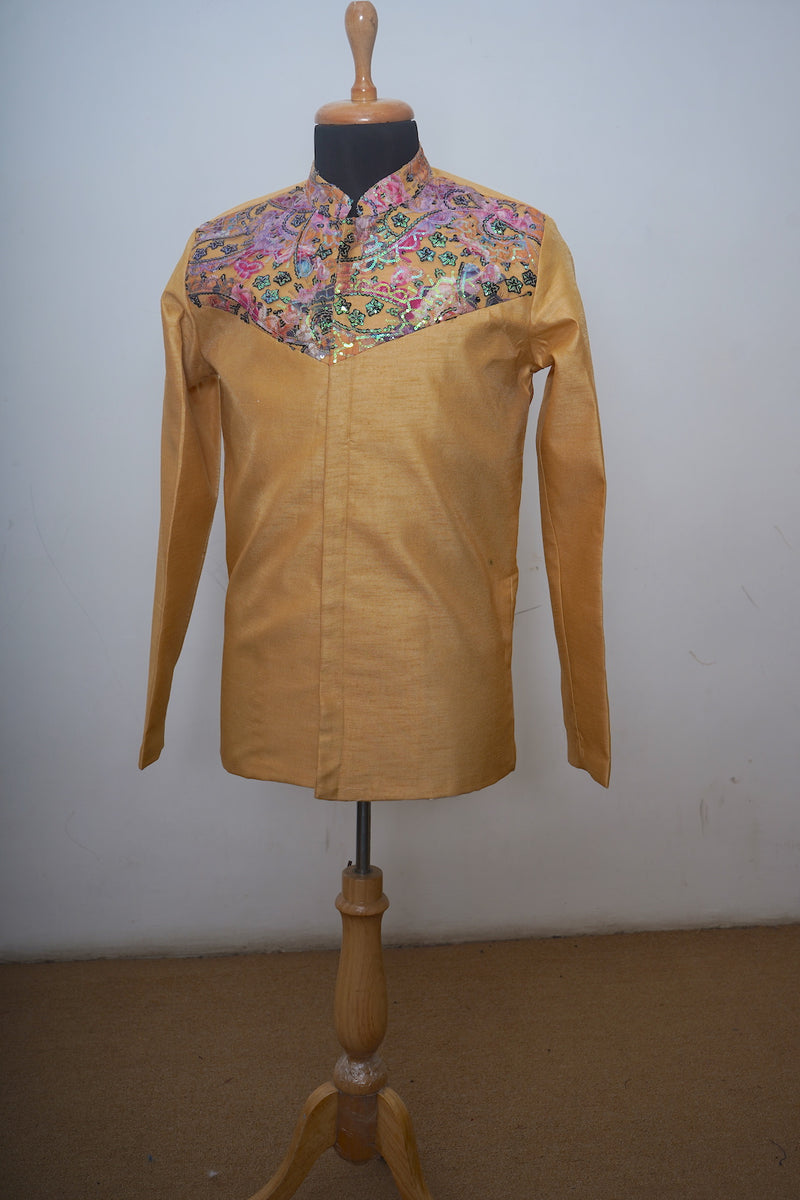 Yellow Fancy Net With Latte Raw Silk Men Shirt