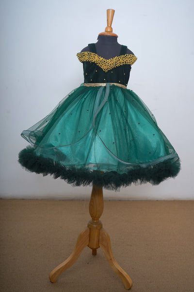 Dark Green Velvet With Aqua Green And Golden Pearl Empasised Kid Dress