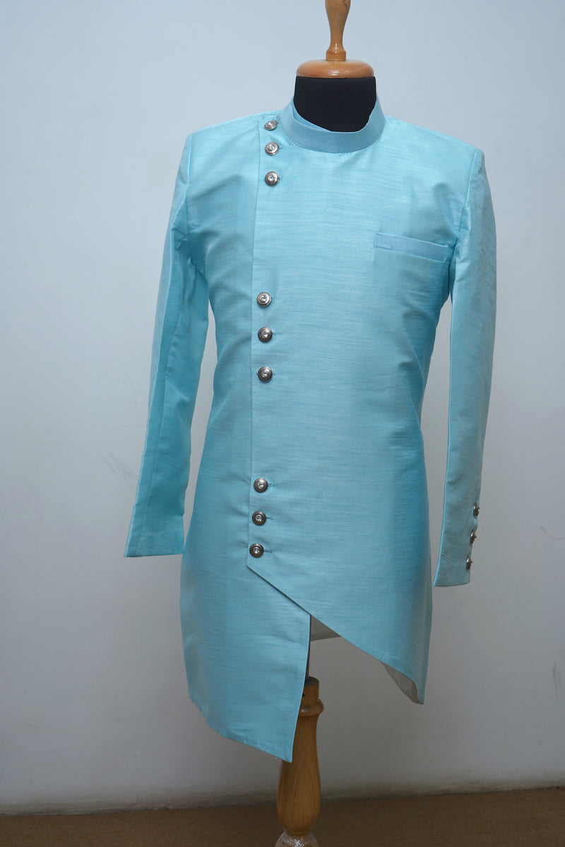 Sea Blue Raw Silk Dad Short Kurta